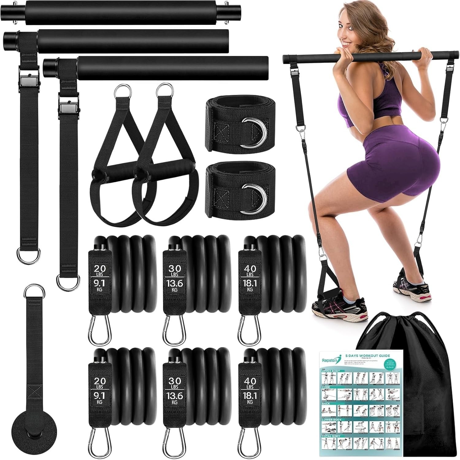 Kit de Barra Pilates con 6 Bandas de Resistencia · Black