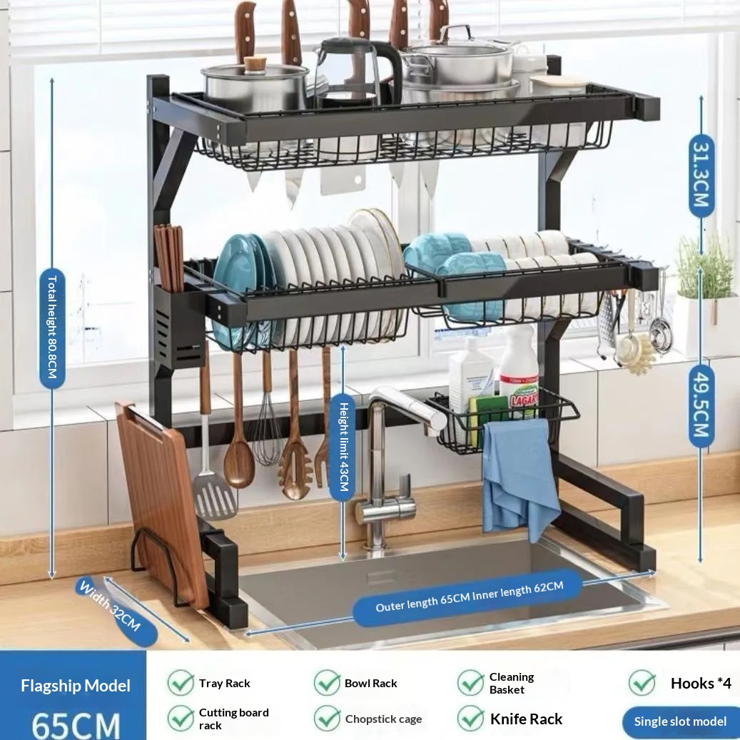 Escurridor de cocina multifunción con soporte · 65CM · Double layer