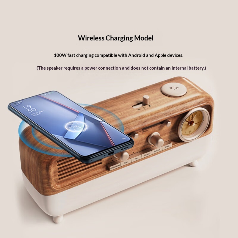 Altavoz Bluetooth Retro con Reloj Despertador y Luz Ambiental · Type C