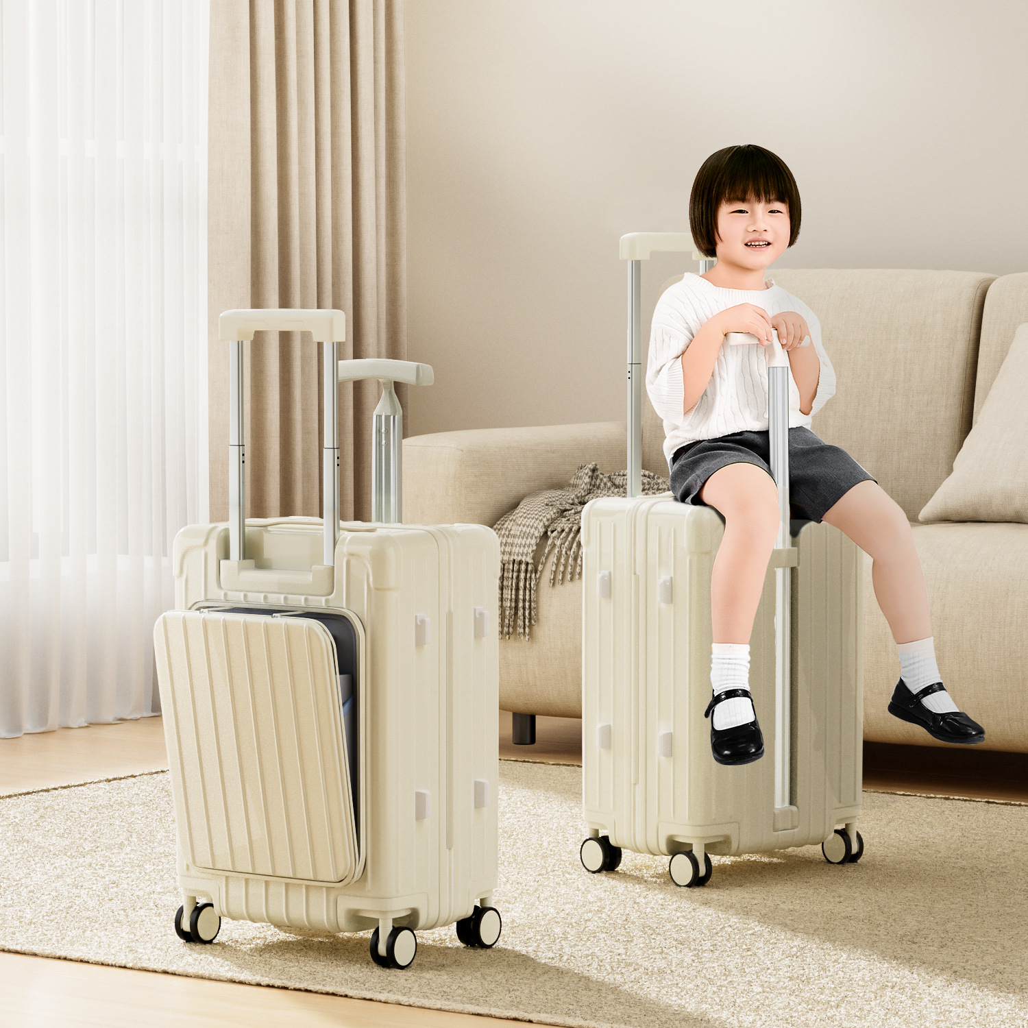 Maleta familiar con asiento para niños y apertura frontal